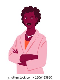 Portrait of a happy African woman with arms crossed and dressed in a business suit. Office professions. Vector flat illustration.