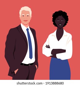 Portrait of a happy African woman and a blond man wearing in a business suit. Office professions. Vector flat illustration.