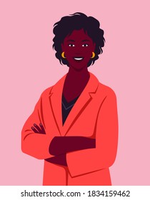 Portrait of a happy African woman with crossed arms  and wearing in a business suit. Office professions. Vector flat illustration.