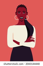 Portrait of a happy African woman with crossed arms. Office professions. Vector flat illustration.