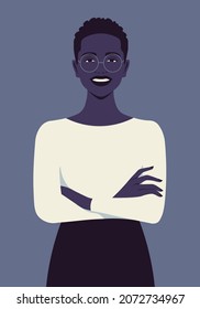 Portrait of a happy African woman with crossed arms. Office professions. Women’s right. Vector flat illustration.