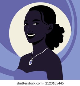 Portrait of a happy African woman in half-turn. Avatar for social media. Diversity. Vector illustration in flat style.