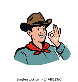 Portrait of a happy American cowboy. Vector illustration