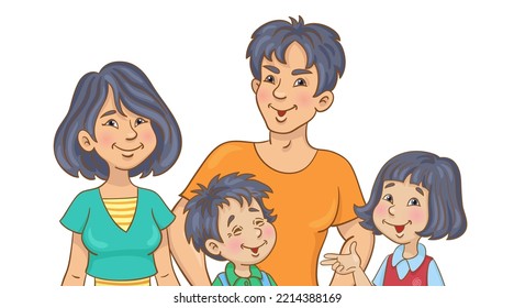 Portrait of a happy Asian family. Mother, father son and daughter.  Isolated on white background. In cartoon style. Vector illustration.