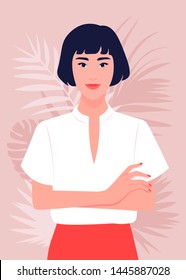 Portrait Of A Happy Asian Girl With Arms Crossed. Woman In The Office. Vector Flat Illustration