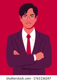 Portrait of a happy Asian man with crossed arms  and wearing in a business suit. Office professions. Vector flat illustration.