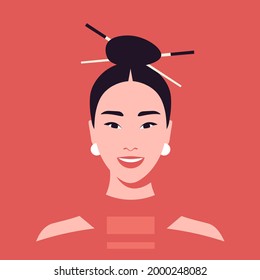 Portrait Of A Happy Asian Woman. Avatar. The Fashion Model. Vector Illustration In Flat Style