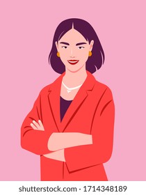 Portrait of a happy Asian woman with crossed arms  and wearing in a business suit. Office professions. Vector flat illustration.