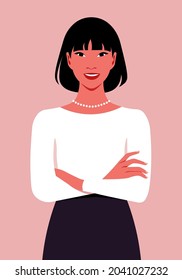 Retrato de una mujer asiática feliz con los brazos cruzados. Profesiones de oficina. Ilustración plana vectorial.