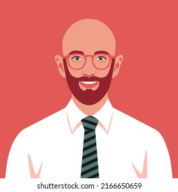 Retrato de un feliz calvo barbudo con corbata. Avatar de un exitoso hombre de negocios con anteojos. Político sonriente. Ilustración plana del vector