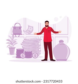 Portrait of a happy bearded man with a clay container and pile of banknotes and coins. Investment and banking concept. Trend Modern vector flat illustration.