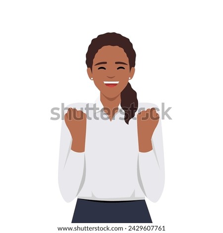 Portrait of happy beatiful wave hairstyle woman celebrating success isolated. Flat vector illustration isolated on white background