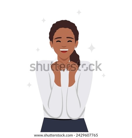 Portrait of happy beatiful wave hairstyle woman celebrating success. Flat vector illustration isolated on white background