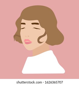 Portrait of a happy, beautiful asian girl with short brunette hair on pink background. Vector flat hand drawn illustration