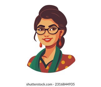 Retrato de una hermosa y feliz mujer india sonriente, ilustración vectorial plana