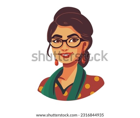 Portrait of a happy beautiful smiling Indian woman, flat vector illustration