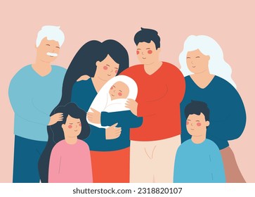 Retrato de una gran familia feliz compuesta de abuelos, padres, hijos y un bebé. Tres generaciones están en pie, toman una foto y abrazan juntos. Concepto de conexión familiar. Ilustración del vector