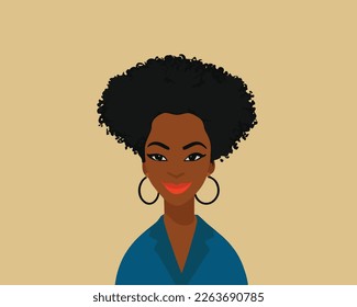 portrait of happy black woman, slight smile, afro hair, wearing blue suit, light yellow background