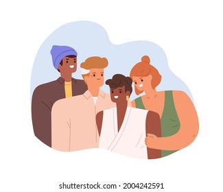 Retrato de familia multirracial mixta feliz. Mamá, papá y niños adultos. Padres con hijos e hijas adultos. Madre, padre y hermano. Ilustración vectorial plana aislada en fondo blanco