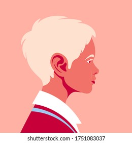 Portrait of a happy blond boy. The child's face in profile. Avatar of a schoolboy. Side view. Vector flat illustration