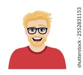 Portrait of a happy blond man with a beard and glasses vector illustration. Smiling blonde bearded man icon on a white background. Cheerful handsome caucasian young guy with blond hair cartoon style