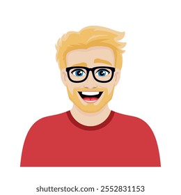 Portrait of a happy blond man with a beard and glasses vector illustration. Smiling blonde bearded man icon on a white background. Cheerful handsome caucasian young guy with blond hair cartoon style