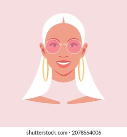 Portrait of a happy blonde woman. Avatar of a smiling teenager. A fashion model. Vector illustration in flat style. Minimalism