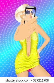 portrait of happy blonde woman in yellow dress taking a selfie using her smartphone 