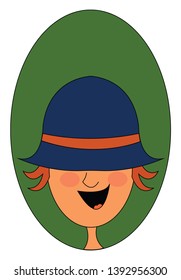 Portrait of a happy boy in a blue hat covering his two eyes has orange hair and tongue exposed while laughing  vector  color drawing or illustration