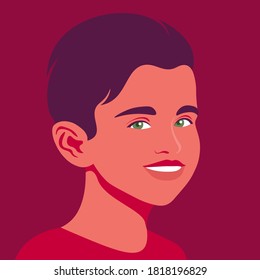 Portrait of a happy boy. The face of a smiling child. Avatar of a schoolboy. Vector flat illustration