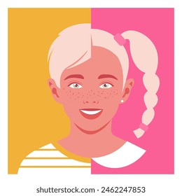 Portrait of happy boy and girl. Avatar of smiling non-binary children. Gender socialization. LGBTQIA. Vector flat illustration