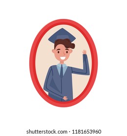 Portrait of happy boy in graduation cap and gown, family photo in wooden frame vector Illustration on a white background