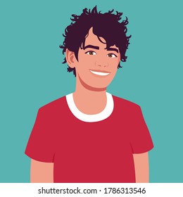 Portrait of a happy boy with tousled hair. Avatar of a schoolboy. Colorful vector illustration in flat cartoon style.