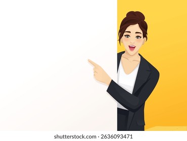 Portrait of happy business young woman wearing black suit pointing with finger to empty space billboard. Vector illustration on yellow background