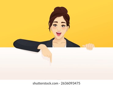 Portrait of happy business young woman wearing black suit pointing with finger down to empty space billboard. Vector illustration on yellow background