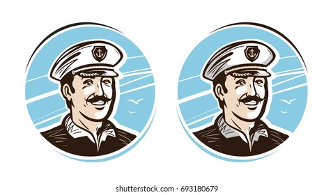 Portrait of happy captain, logo or label. Cartoon vector illustration