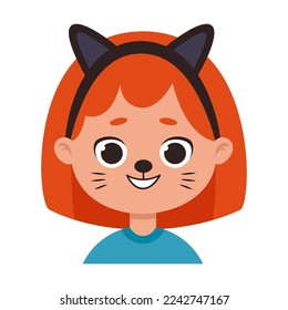 Portrait of happy cat with fluffy ears kid with superhero painting or creative makeup. Children face with colorful painting cartoon illustration. Party, entertainment concept