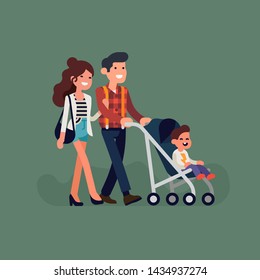 Portrait of happy caucasian adult parents walking together carrying baby in stroller. Cheerful family concept vector illustration. Flat character design on mother, father and child walking together