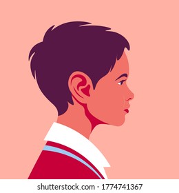Portrait of a happy caucasian boy. The child's face in profile. Avatar of a schoolboy. Side view. Vector flat illustration