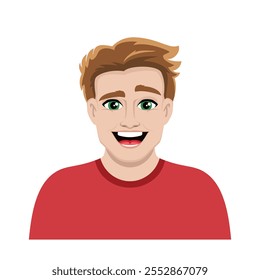 Retrato de un hombre caucásico feliz con una Ilustración vectorial de pelo castaño. Icono sonriente del hombre blanco aislado en un fondo blanco. Chico joven guapo alegre con estilo de dibujos animados de pelo marrón