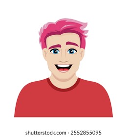 Retrato de un hombre caucásico feliz con una Ilustración vectorial de pelo rosa. Icono sonriente del hombre blanco aislado en un fondo blanco. Chico joven guapo alegre con estilo de dibujos animados de pelo rosa