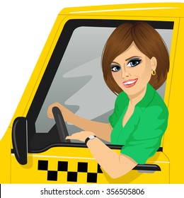 Portrait of happy caucasian taxi female driver in yellow car smiling