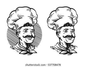 Portrait of happy chef. Element for design menu restaurant or cafe. Sketch vector illustration