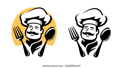 Portrait of happy chef with spoon and fork. Cook in hat emblem. Symbol for restaurant or cafe menu