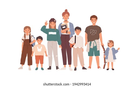 Portrait of happy children and teenagers. Group of modern boys and girls of different ages standing together. Flat vector illustration of sisters and brothers isolated on white background