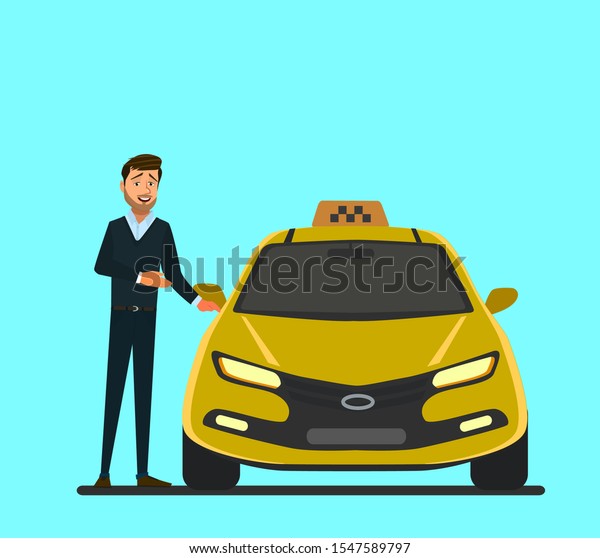 Portrait of happy chinese taxi driver in yellow\
car smiling and looking at\
camera