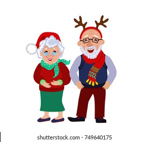 Portrait of a happy Christmas grandparents together. Vector illustration isolated on white background.