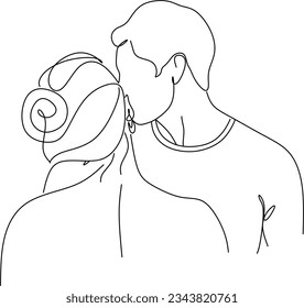 Portrait of happy couple in continuous line art drawing style. Man in love put his arms around girlfriend. Love and friendship black linear sketch isolated on white background. Vector illustration