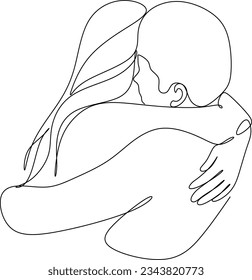 Portrait of happy couple in continuous line art drawing style. Man in love put his arms around girlfriend. Love and friendship black linear sketch isolated on white background. Vector illustration