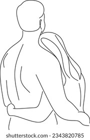 Portrait of happy couple in continuous line art drawing style. Man in love put his arms around girlfriend. Love and friendship black linear sketch isolated on white background. Vector illustration